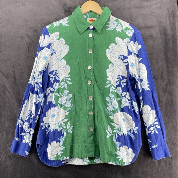 FARM Rio Sweaters - FARM Rio Women's Floral Button Up Shirt Green Blue Long Sleeve Size S